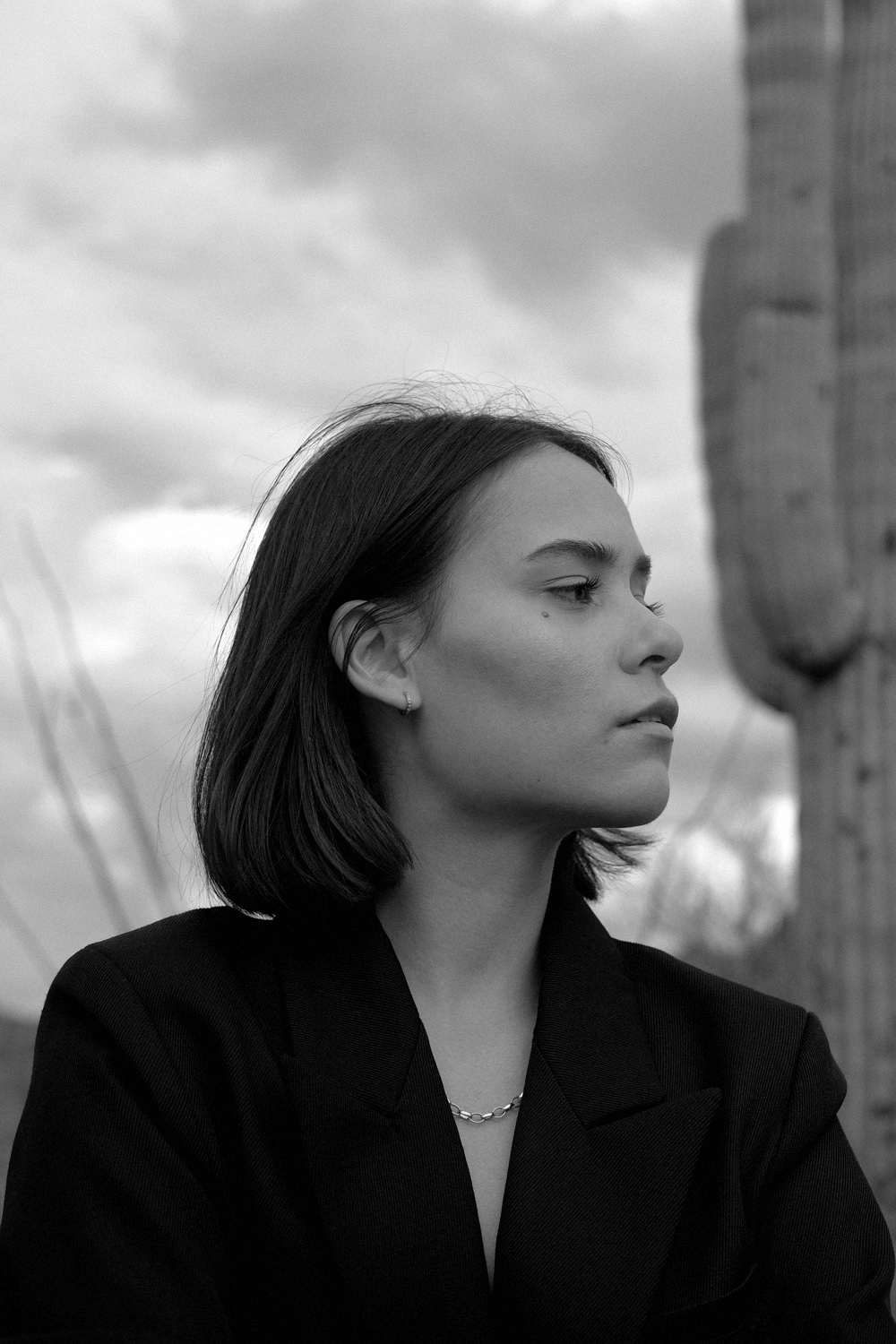 Saguaro National Park. Nisi is wearing: Oversized back blazer H&M, Black flared trousers WEEKDAY, Gold chunky chain necklace ESTÉE LALONDE X DAISY, Fat Snake ring ALL BLUES, Fat gold ring DAPHINE
