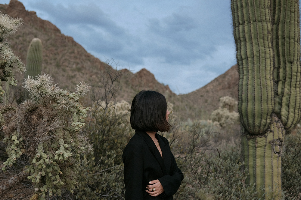 Saguaro National Park. Nisi is wearing: Oversized back blazer H&M, Black flared trousers WEEKDAY, Gold chunky chain necklace ESTÉE LALONDE X DAISY, Fat Snake ring ALL BLUES, Fat gold ring DAPHINE