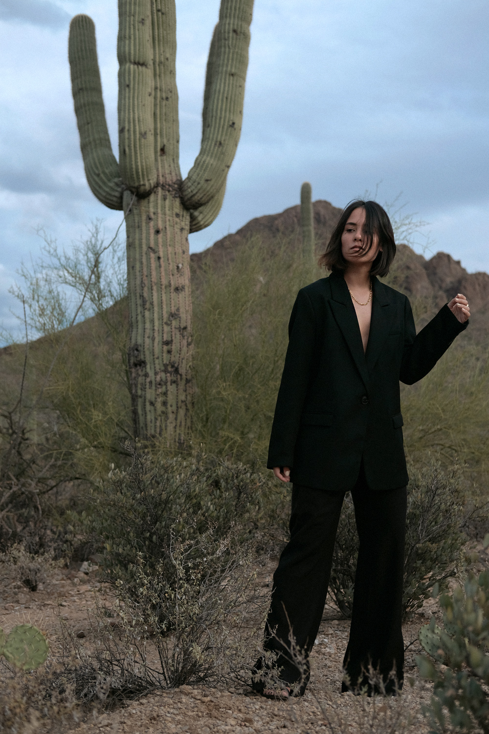 Saguaro National Park. Nisi is wearing: Oversized back blazer H&M, Black flared trousers WEEKDAY, Gold chunky chain necklace ESTÉE LALONDE X DAISY, Fat Snake ring ALL BLUES, Fat gold ring DAPHINE