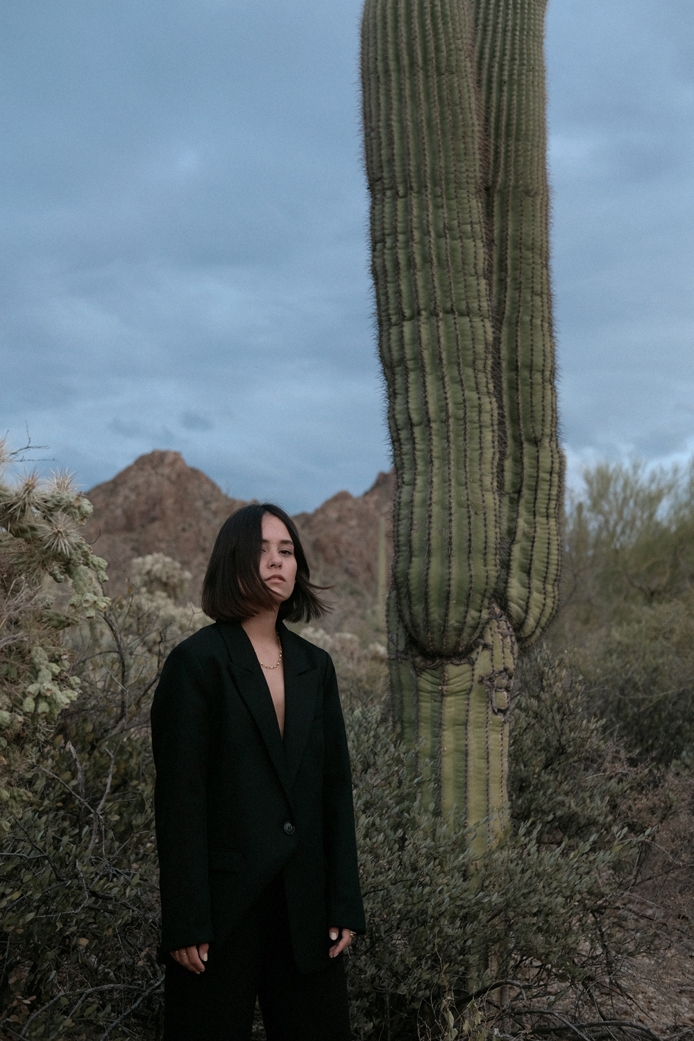Saguaro National Park. Nisi is wearing: Oversized back blazer H&M, Black flared trousers WEEKDAY, Gold chunky chain necklace ESTÉE LALONDE X DAISY, Fat Snake ring ALL BLUES, Fat gold ring DAPHINE