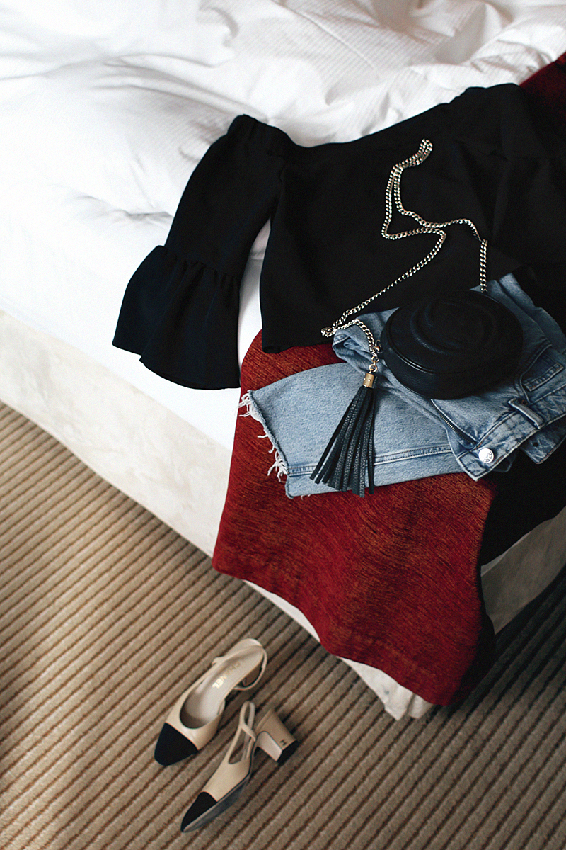 Chanel Sling-back, Off-the-shoulder top, Mom jeans – Monki, Gucci Soho Disco Bag. Having a look at the new Rouge Dior lipsticks in Düsseldorf