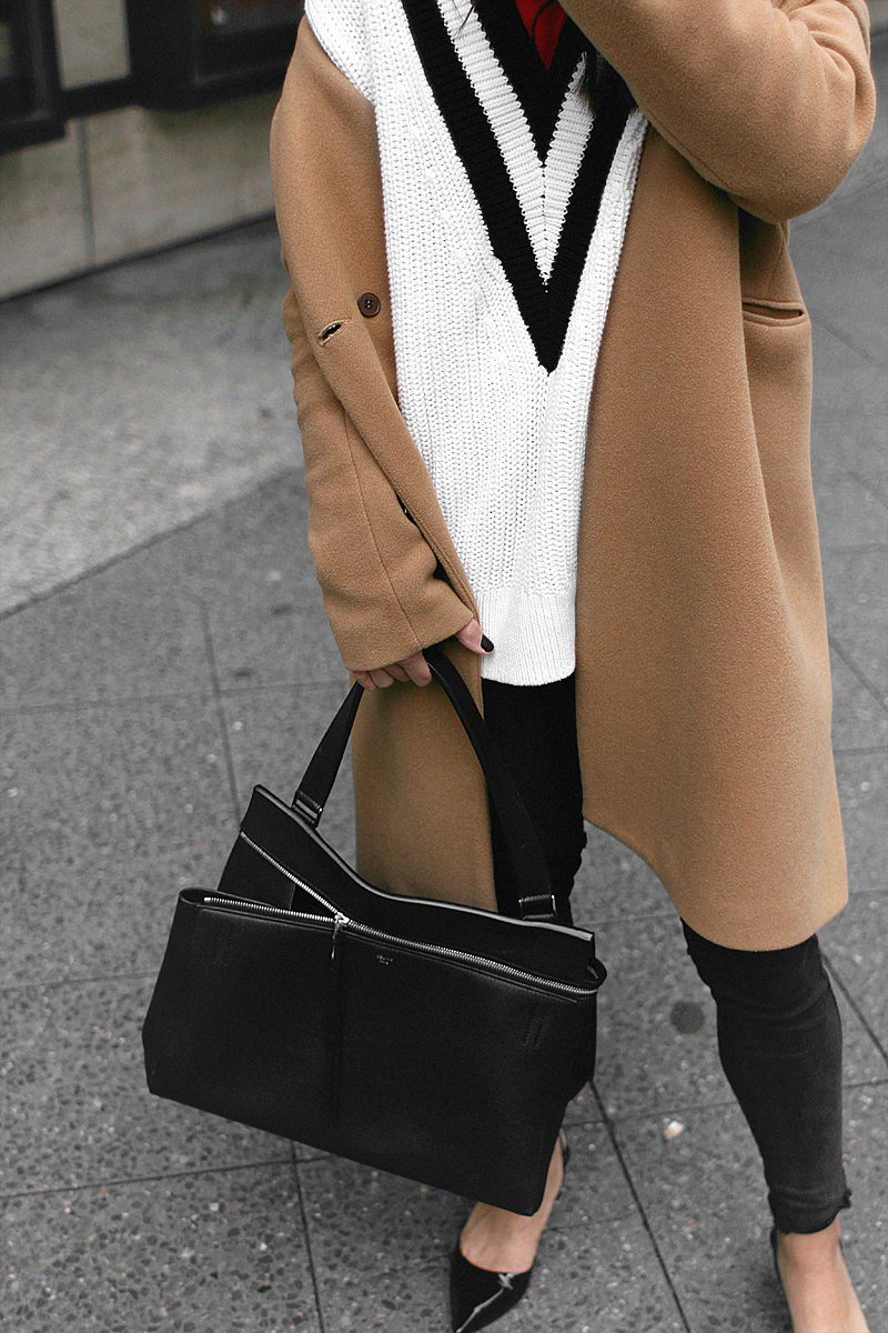 Nisi is wearing: Camel Coat, Céline Edge bag, skinny jeans, Jimmy Choo Tide sling-back pumps, V-neck knit