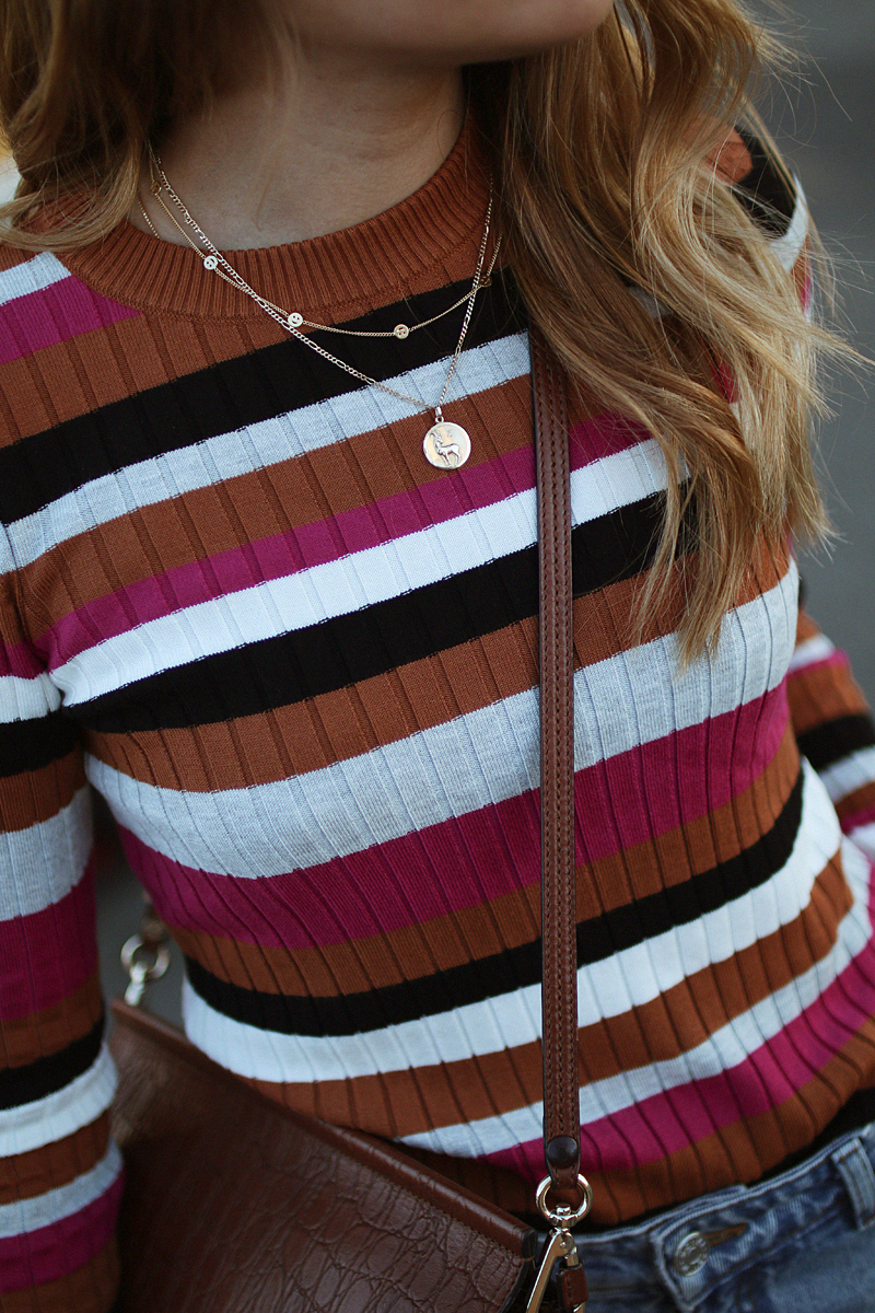 Outfit: Multicolored Stripes. Inspired by Stranger Things. Desi is wearing a multicolored striped shirt, mom jeans, Hermes Oran sandals and Chloé Faye bag.