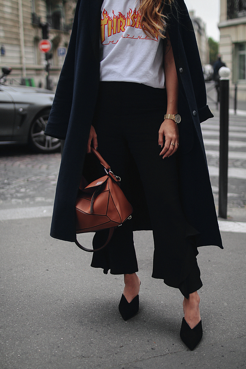 Outfit: With Frills and Mules in Paris. Desi is wearing Prada mules, Loewe bag, Thrasher shirt, Zara frill pants, H&M earrings
