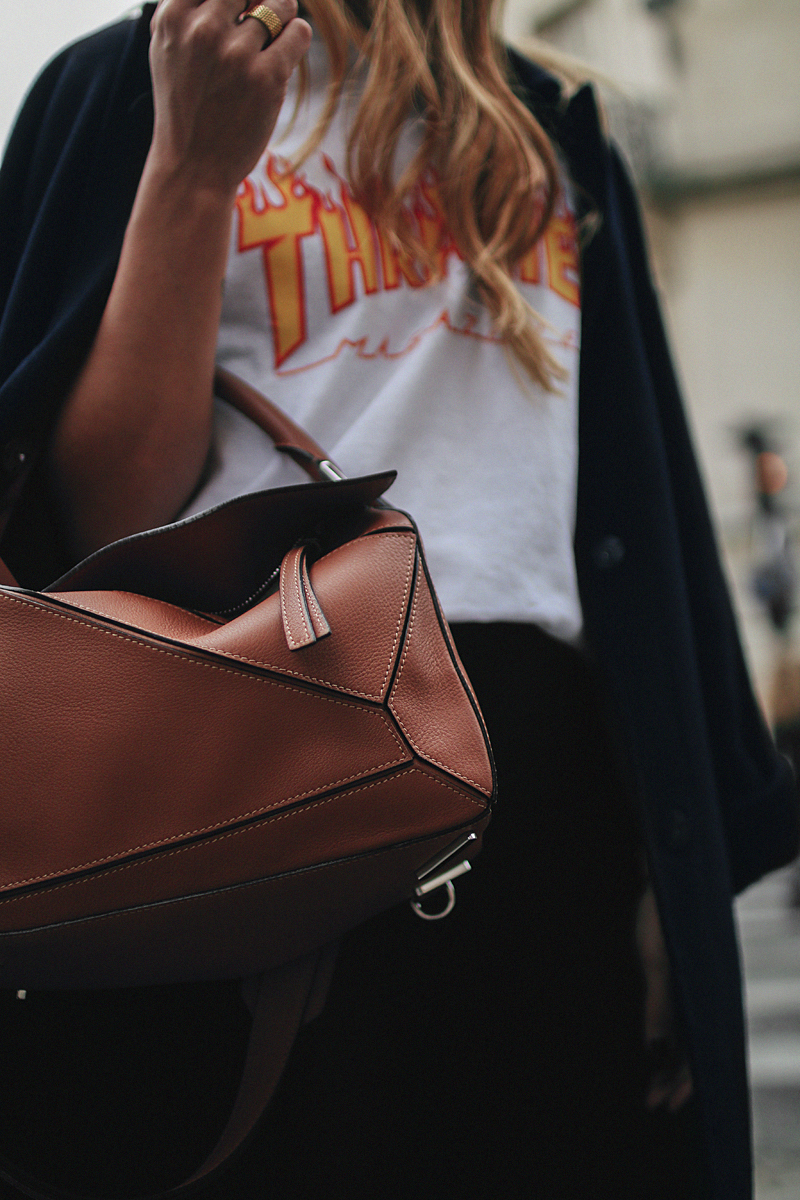 Outfit: With Frills and Mules in Paris. Desi is wearing Prada mules, Loewe bag, Thrasher shirt, Zara frill pants, H&M earrings