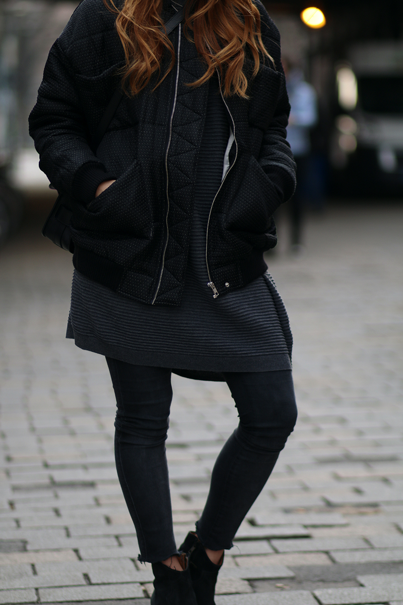 Outfit: Boxy Bomber Jacket Reva Carin Wester, Isabel Marant Boots, Dr.Denim Jeans, Asos Jumper Dress, Proenza Schouler PS11 Mini Bag, Jasmina Jovy Rings