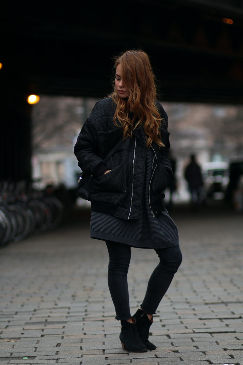 Outfit: Boxy Bomber Jacket Reva Carin Wester, Isabel Marant Boots, Dr.Denim Jeans, Asos Jumper Dress, Proenza Schouler PS11 Mini Bag, Jasmina Jovy Rings