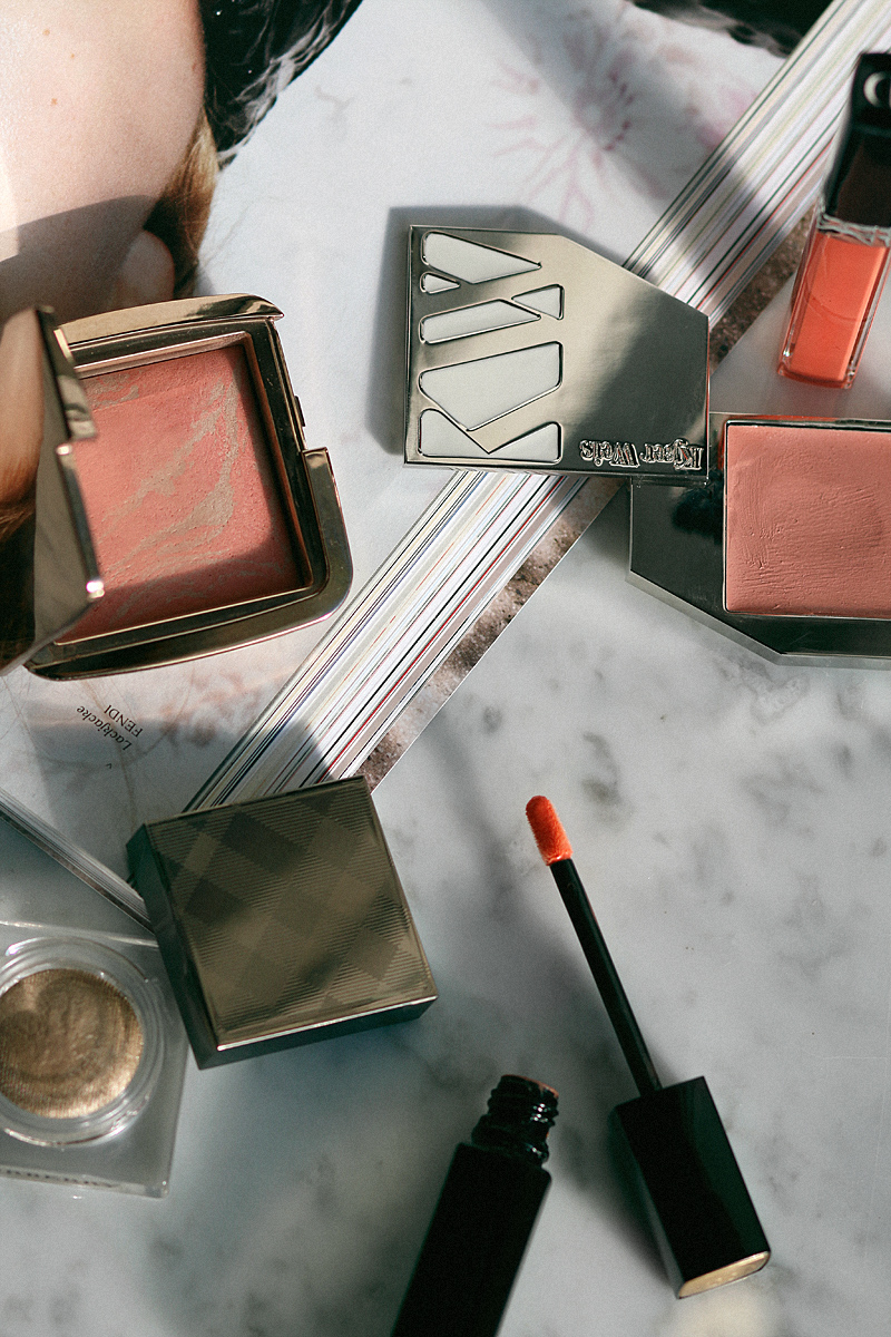 Shopping your stash. Fresh colors for spring. Hourglass Ambient Lighting Blush, Kjaer Weis Cream Blush, Chanel Rouge Allure Extrait de Gloss, Dior Rouge Dior Brillant, Burberry Eye Colour Cream