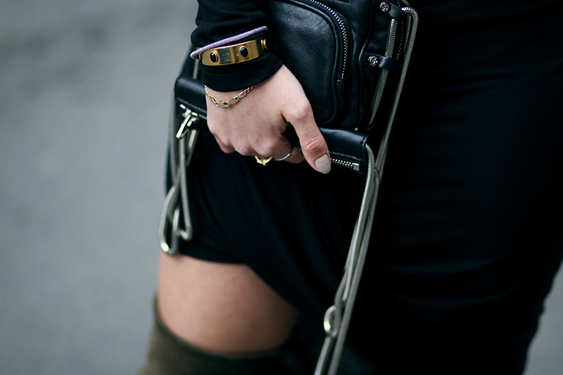 How to style overknees: Desi is wearing Stuart Weitzman Overknees, asymmetric draped dress and Alexander Wang Brenda Camera Bag