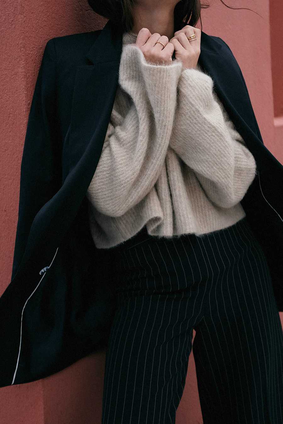 Outfit: Suit up. Blazer, Pin-striped trousers, Bellsleeves Sweater, Straw bag