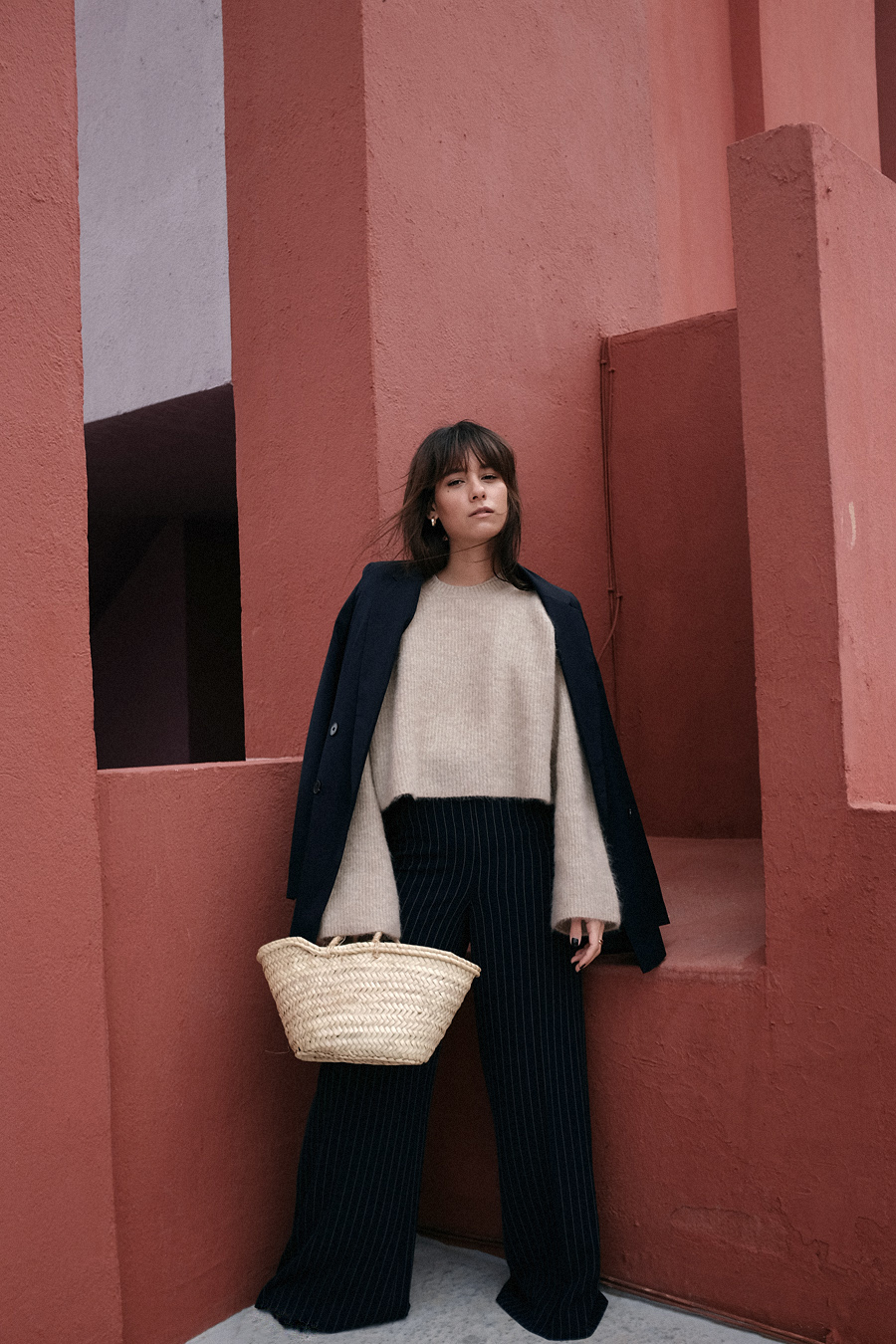 Outfit: Suit up. Blazer, Pin-striped trousers, Bellsleeves Sweater, Straw bag