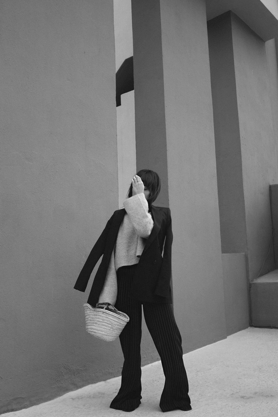 Outfit: Suit up. Blazer, Pin-striped trousers, Bellsleeves Sweater, Straw bag