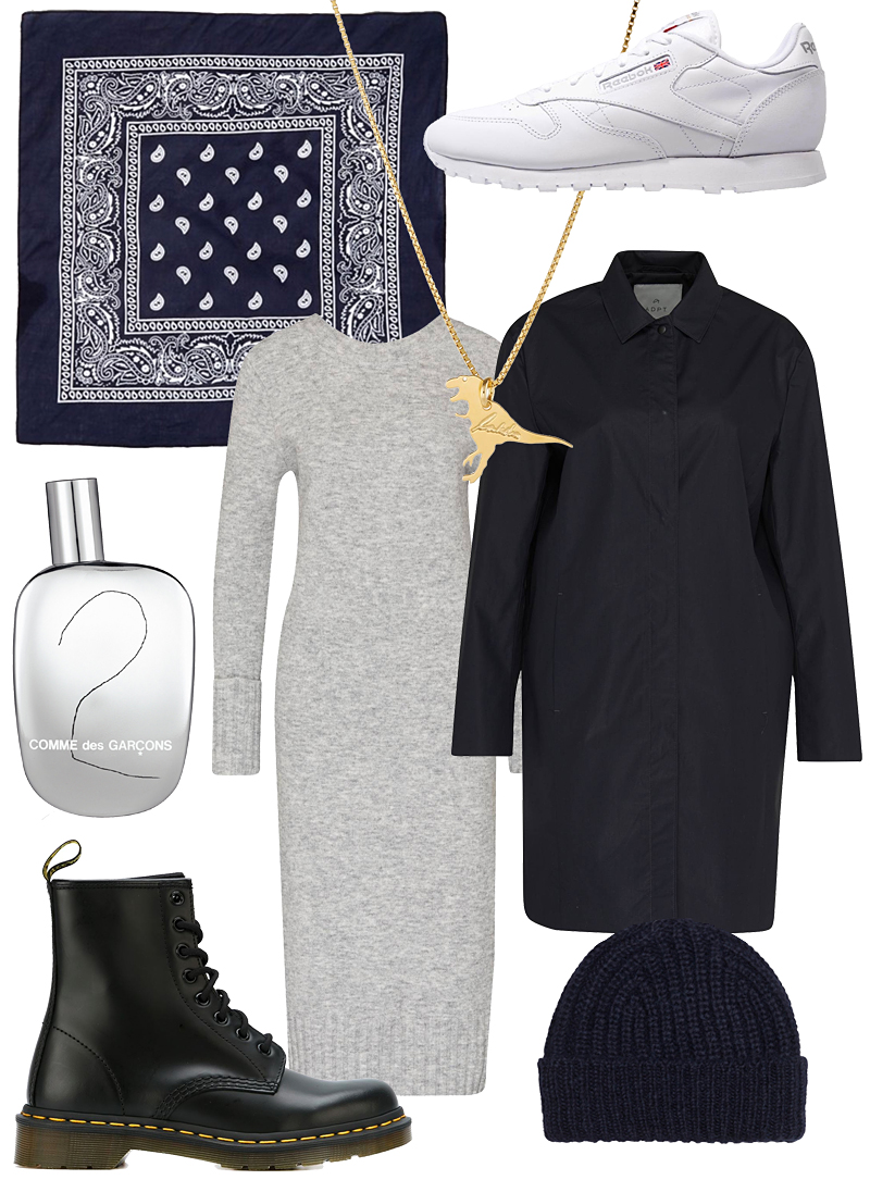 Bandana, Dr. Martens boots, Reebok Sneakers Classic, Comme Des Garçons Eau de Parfum 2, Sweater dress, Trench coat, Knit hat