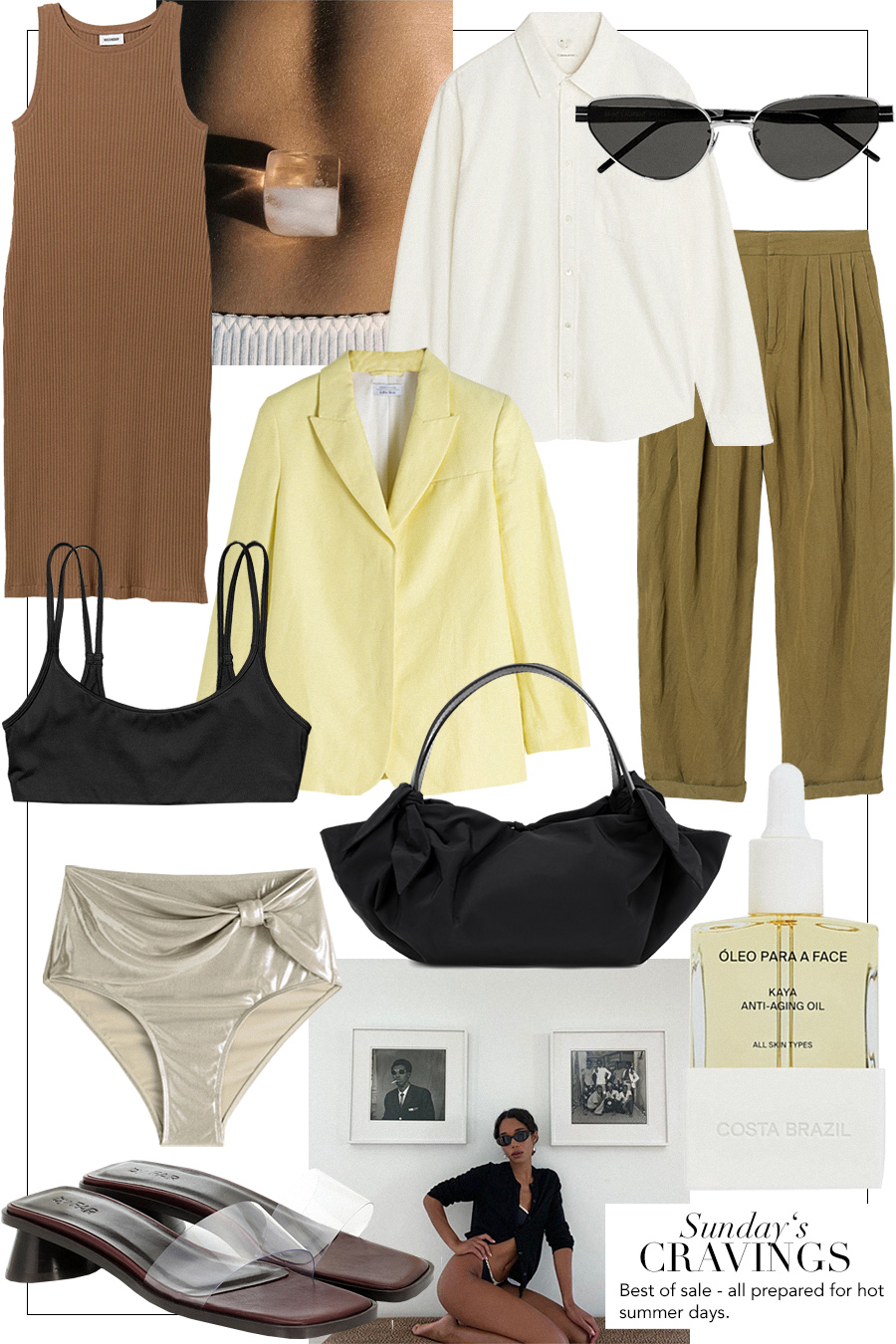 Dress WEEKDAY, Shirt ARKET, Sunglasses SAINT LAURENT, Trousers H&M, Blazer & OTHER STORIES, Bikini top WEEKDAY, Bikini bottom & OTHER STORIES, Inda tote NANUSHKA, Face oil COSTA BRAZIL, Sonia sandals BY FAR
