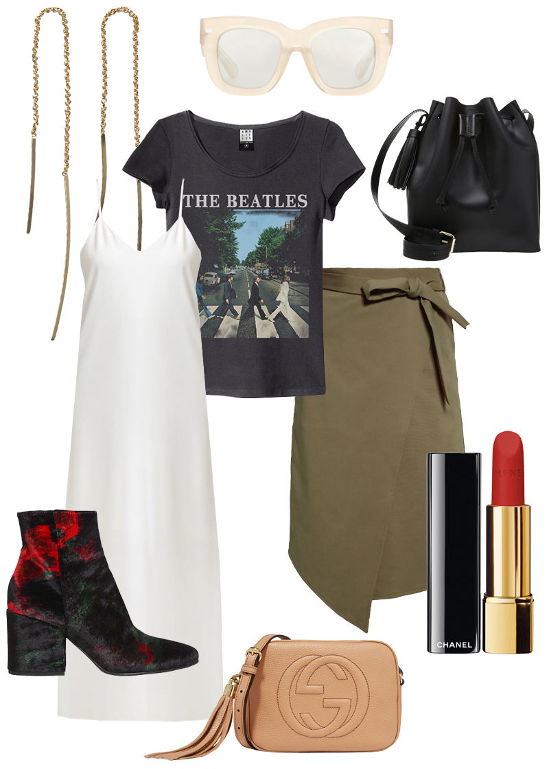 Sunday's Cravings: Chic Grunge. Acne Studios Sunglasses Library, & other stories earrings, Tigha The Beatles Band shirt, SET slip dress, Kiomi wrap skirt, mint&berry bucket bag, Strategia velvet ankle boots, Gucci Soho bag, Chanel Rouge Allure Velvet Lipstick in Nr.58 Rouge Vie.