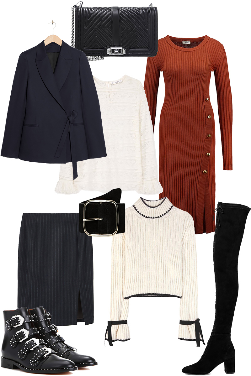 Sunday's Cravings: Givenchy Prue Boots, Rebecca Minkoff Bag, Wrap Blazer, Baum und Pferdgarten Knit dress, Lace shirt, Belt, Pinstripe skirt, J.W. Anderson Wool sweater, Over the knee lace-up boots
