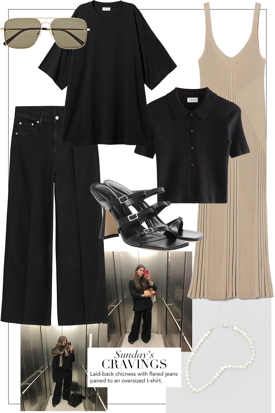 Sunday's Cravings: Sunglasses STELLA MCCARTNEY, Oversized t-shirt WEEKDAY, Flared denim jeans ARKET, Ribbed dress H&M, Ribbed polo & OTHER STORIES, Sandals BY FAR, Pearl anklet EDITED THE LABEL