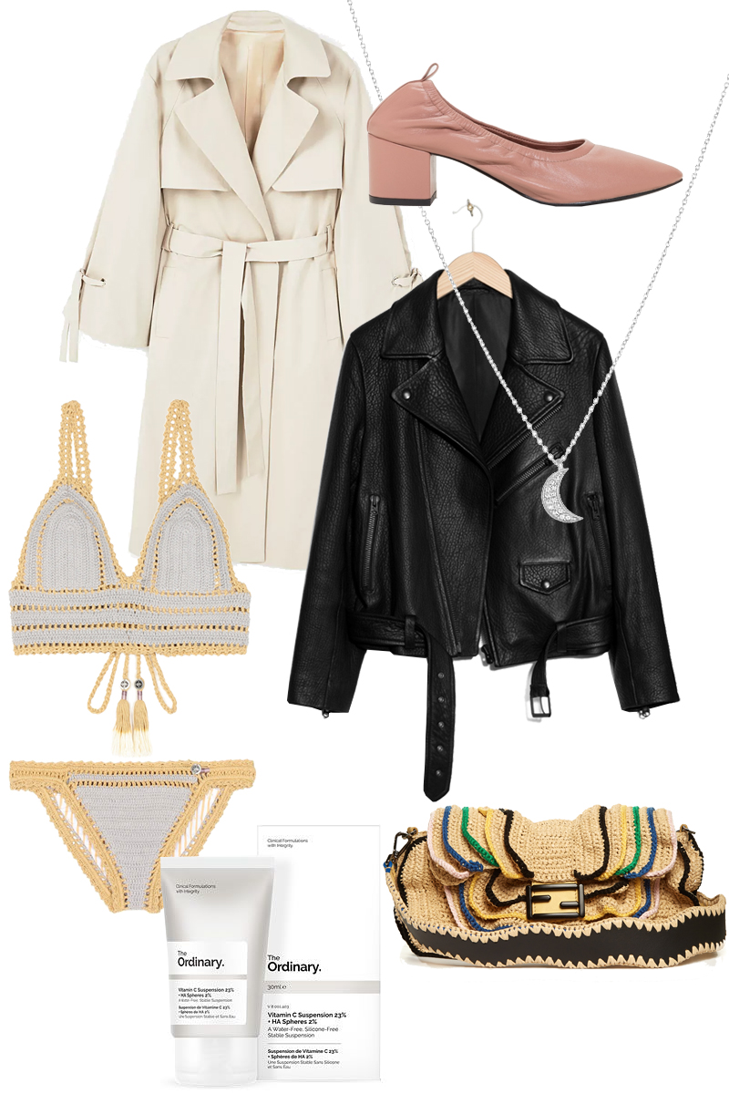 The Ordinary Vitamin C Serum, Trench coat, Ballerina Pumps, She Made Me Crochet bikini, Leather jacket, Fendi Baguette Wave bag