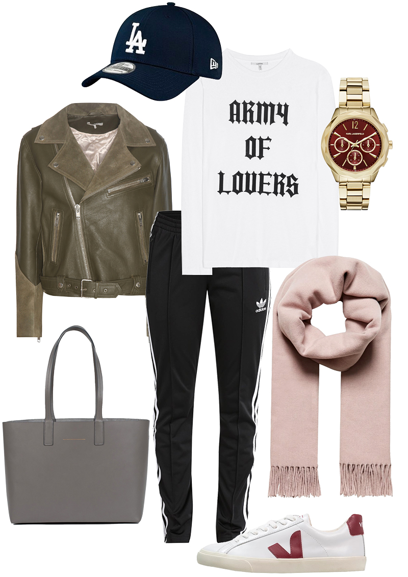 Sunday's Cravings: Long haul flight attire with Adidas originals jogging pants, Veja sneakers, New Era cap, Ganni leather jacket & top, Horizn Studios shopper, Karl Lgerfeld watch, Hallhuber scarf.