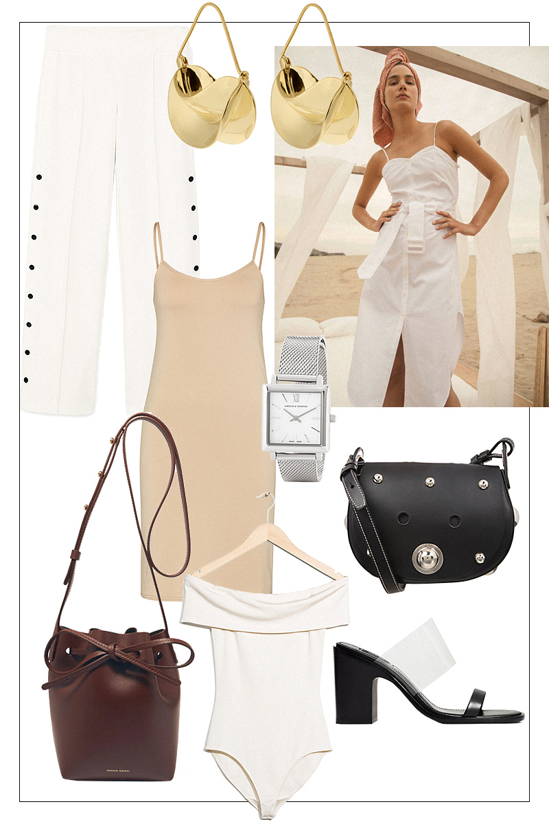 Anissa Kermiche Earrings, Mansur Gavriel Bucket bag, Nanuschka White dress, Buttoned pants, Slip dress, Off-shoulder body, Larsson & Jennings Watch, Sonia by Sonia Rykiel Bag, Sandals