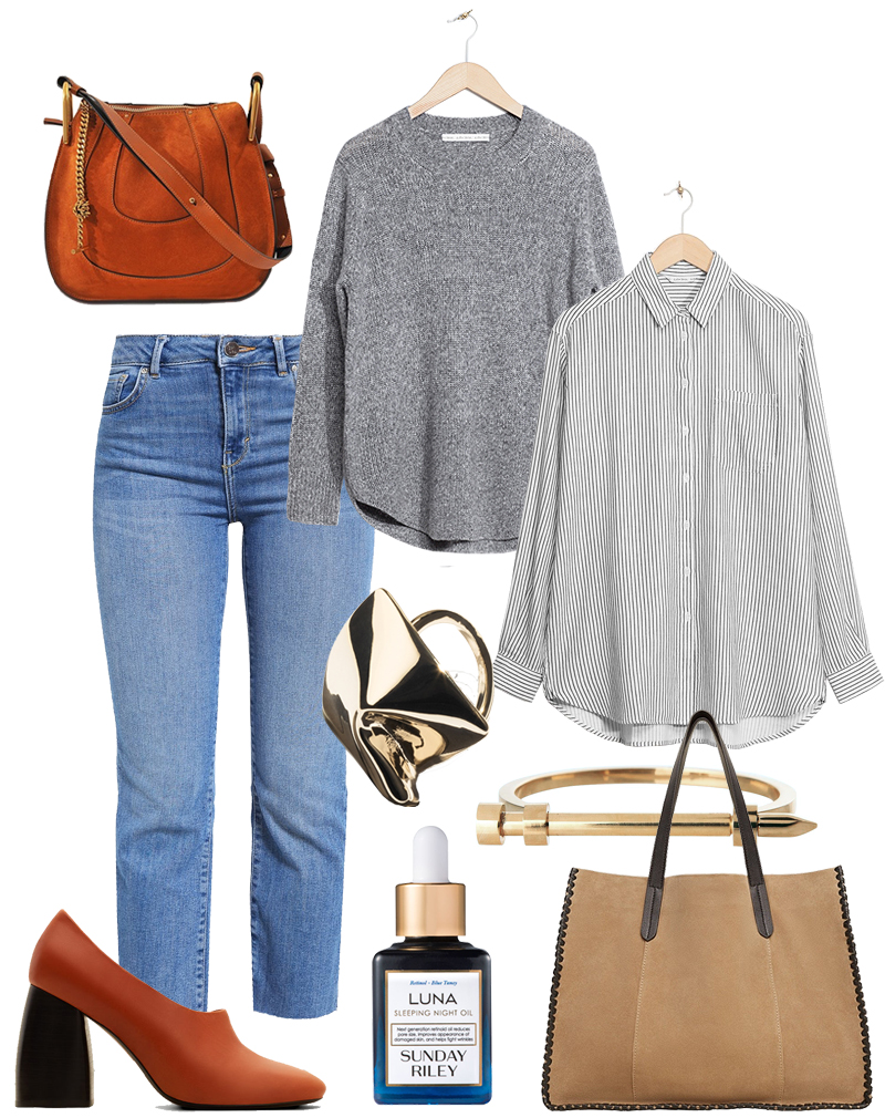 Chloé Hailey Bag, Mom Jeans, Leather skirt, Striped shirt, Ring, Arm Cuff, Pumps, Sunday Riley Luna Sleeping Night Oil, Shopper