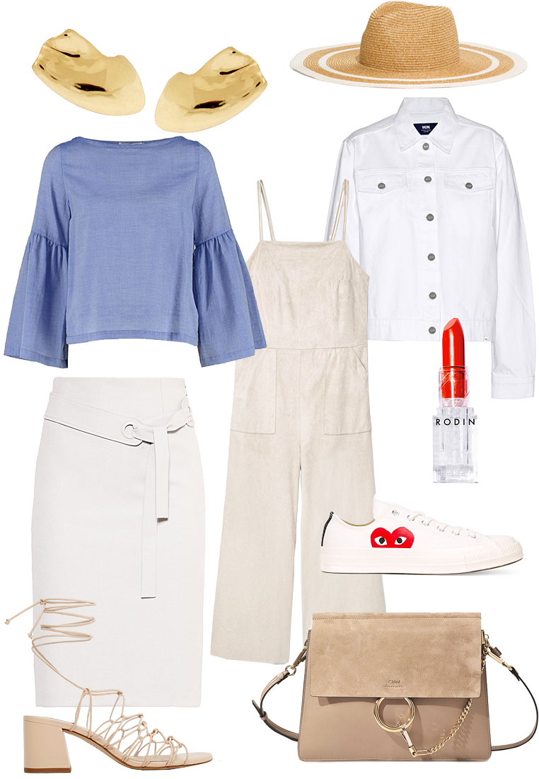 Sunday's Cravings: Pure. Earrings - Cornelia Webb, Straw Hat - & Other Stories, Denim Jacket - Wood Wood, Blouse - Rodebjer, Overall - Mango, Olio Lusso Lipstick in „Tough Tomato“ - Rodin, Skirt - Max & Co, Sandals - Mango, Faye Bag - Chloé, Sneaker - Comme Des Garçons Play