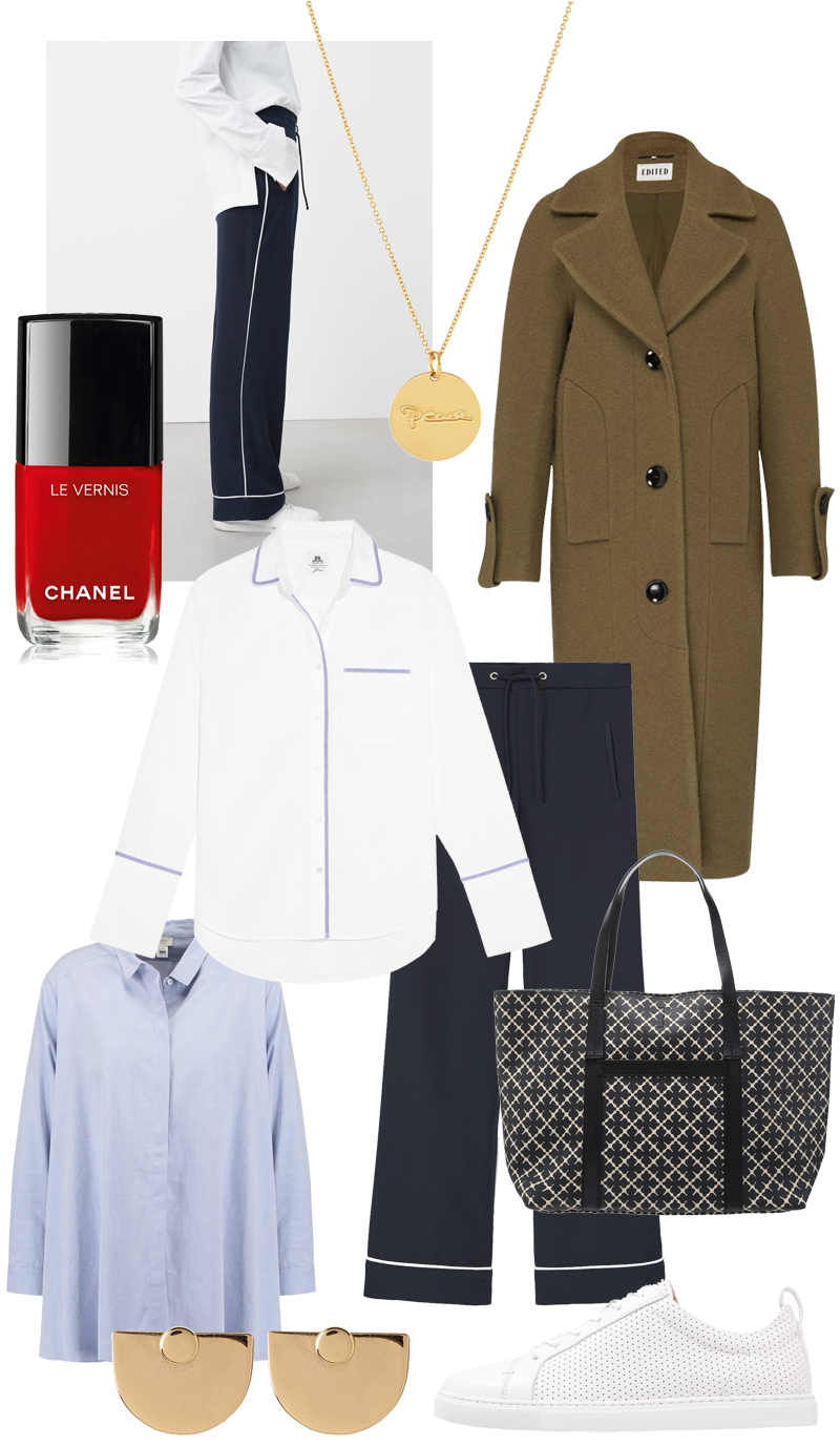 Sunday's Cravings: Pyjama Style. Malaika Raiss Gold pendant necklace, Khaki coat, J.Crew Blouse pyjama look, Ample pants, Oversized Shirt, by Marlene Birger Shopper, Gold earrings, Sneakers
