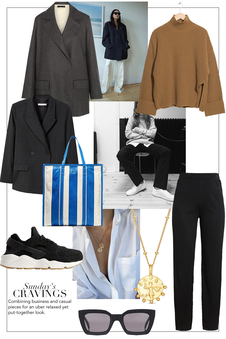 Blazer – Mango. Oversized Blazer – The Row. Knit jumper – & Other Stories. Bazar Leather Tote – Balenciaga. Huarache Run SD Sneaker – Nike. Coin Necklace – Missoma. Pants – Vila. Kate Sunglasses – Céline