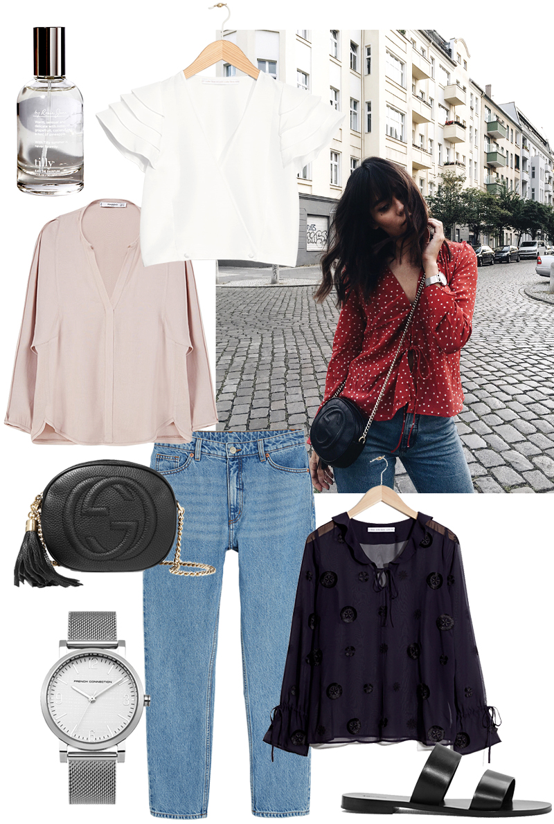 Nisi wearing Bianca top from Réalisation par. Cravings - Romantic Blouses: Tilly Eau de Parfum by Rosie Jane, Ruffled Cropped top, Blush-toned Blouse, Gucci Soho Bag, Blue blouse, Leather sandals, silver Mesh watch