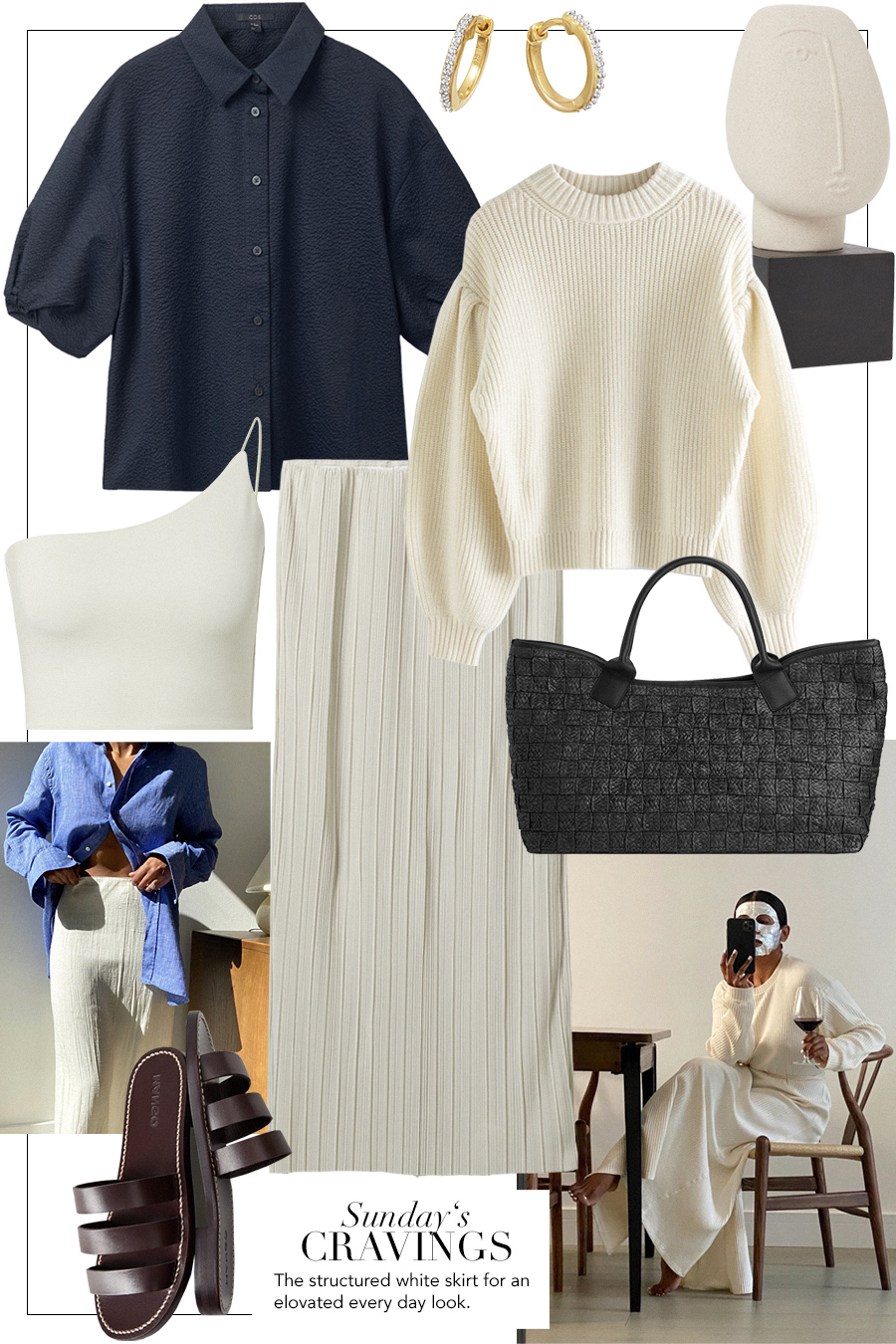 Navy shirt COS, Mini hoops MISSOMA, Sculpture H&M HOME, Knit sweater & OTHER STORIES, Top LEGER, White skirt WEEKDAY, Straw bag ARKET, Sandals MANGO