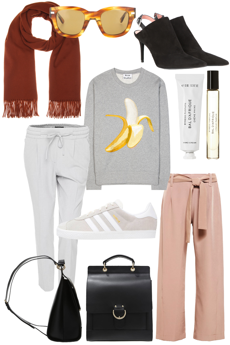 Sunday's Cravings: Transitioning. Acne Studios Jumper, Mules, Canada Scarf and Sunglasses, Byredo Parfum and Hand cream, Adidas Gazelle Sneakers, mint&berry backpack, Opus Joggpants, House of Sunny dusty pink pants