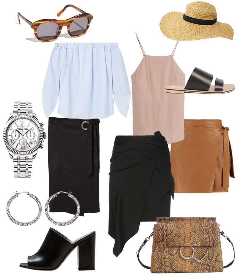 Sunday's Cravings: Sunglasses - & Other Stories, Hat - O’Neill, Blue Off-the-Shoulder Top - Mango, Spaghetti-strap Top - & Other Stories, Sandals - ASOS, Watch - Thomas Sabo, Wrap Skirt with Belt - Mango, Draped Skirt - Isabel Marant, Leather Wrap Skirt - Missguided, Earrings - Tamaris, Mules - Aeyde, Faye Bag - Chloé