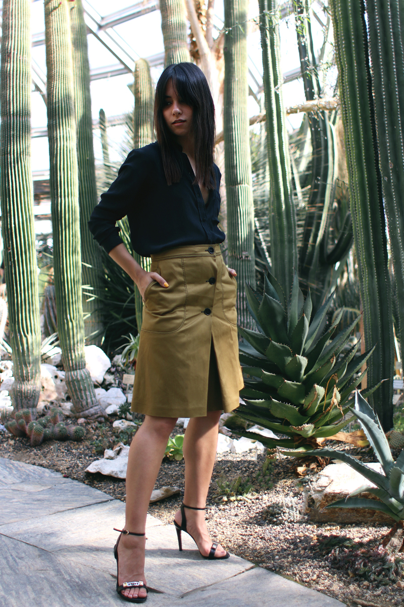 Safari Trend Outfit. Nisi is wearing: Sandro skirt, silk shirt, Proenza Shouler heels, watch