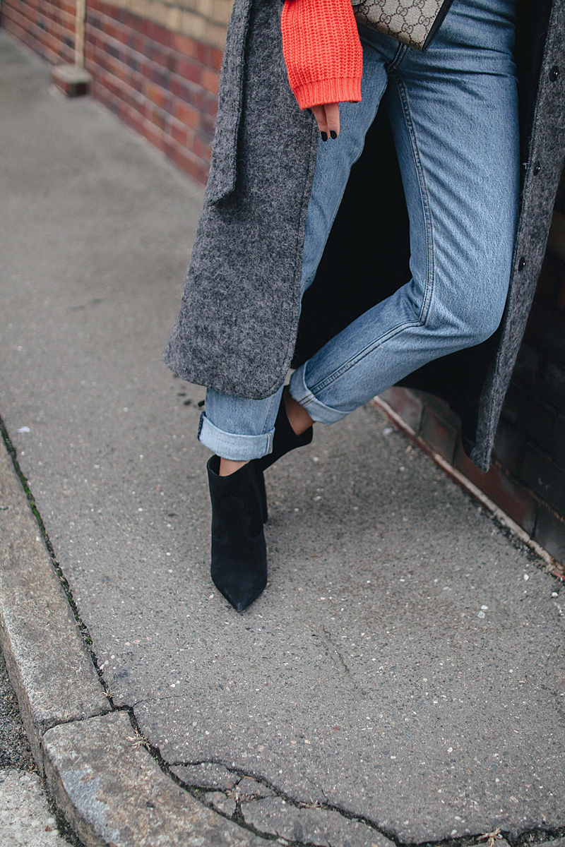 Fashion Essentials for Fall: Gucci Dionysus GG Supreme Mini bag, Saint Laurent ankle boots, Wool coat, Mom jeans, Red knit sweater