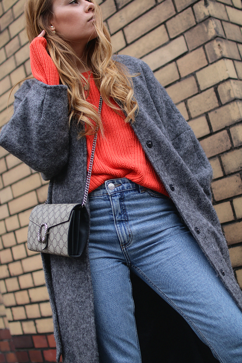 Fashion Essentials for Fall: Gucci Dionysus GG Supreme Mini bag, Saint Laurent ankle boots, Wool coat, Mom jeans, Red knit sweater