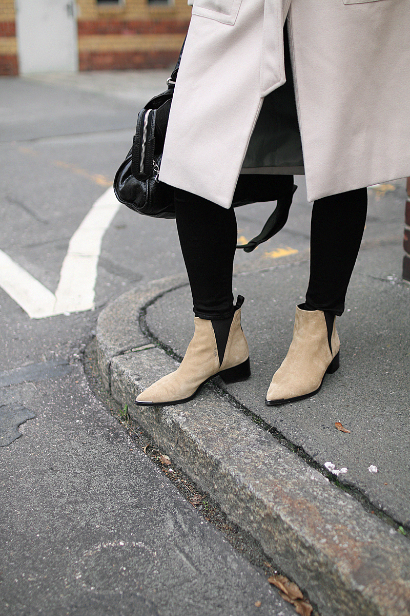 Fashion Essentials for Fall: Acne Studios Jensen boots, Balenciaga Giant 12 City Bag, Wrap oat, black skinny jeans, High neck knit