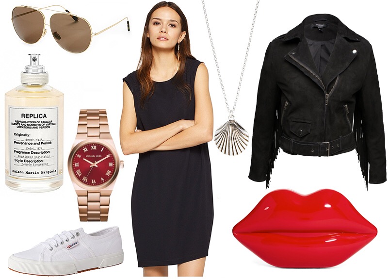 Craving: Lip-shaped clutch, Fringed leather jacket from Muubaa, gold aviators, Superga sneakers and a little black dress