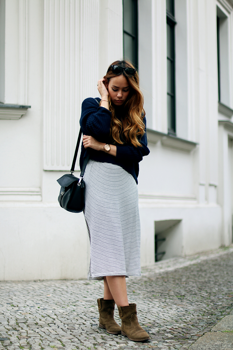 high-slitted dress, striped, maxi skirt, isabel marant x h&m collection boots, ray-ban sunglasses