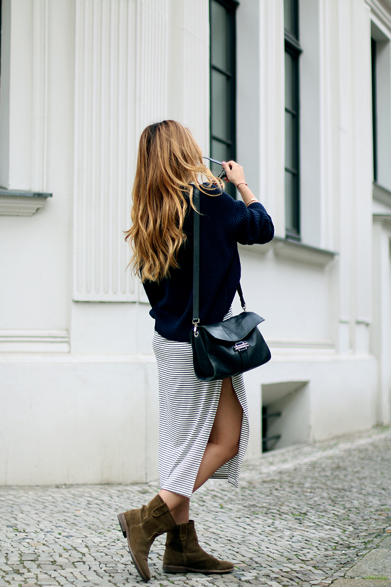 high-slitted dress, striped, maxi skirt, isabel marant x h&m collection boots, ray-ban sunglasses