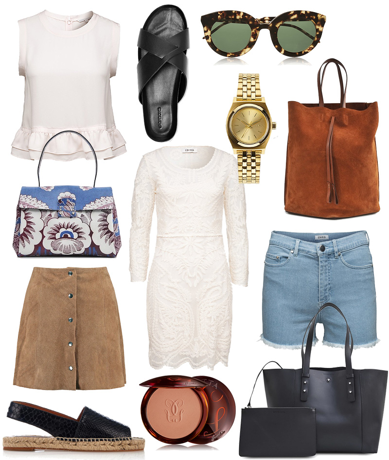 Cropped Top aus Seide, Rebecca Minkoff, Sandalen aus Leder, Vagabond, Cat Eye Tortoiseshell Sonnenbrille, Kaibosh, Tasche mit Blumenprint, Valentino, Kleid aus bestickter Tüllspitze, Edited the Label, goldene Uhr “The Small Time Teller”, Nixon, braune Bucket Bag aus Veloursleder, Maison Margiela, Lederrock mit Knopfleiste, Topshop, High-waisted Denim Shorts, Edited the Label, Espadrilles “Rocio” mit Python-Effect, Stella McCartney, Terracotta Bräuningspuder, Guerlain, schwarzer Shopper “Hudson Greenwich”, Gérard Darel