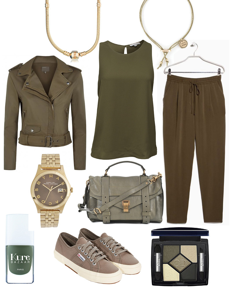 Sunday's Cravings, all khaki, khaki all over, mono colour look, goldene Charm Halskette Pandora, Armband mit vergoldeten Anhänger Madeleine Issing, Lederjacke im Biker-Stil Muuba Sale, seidiges Chiffon-Top Glamorous, fließende Hose Mango, goldene Uhr The Slim MBM3349 Marc By Marc Jacobs, Satchel Bag PS1 Medium Proenza Schouler, Nagellack in khaki Kure Bazaar, Sneaker 2750 Cotu Classic Superga, Lidschatten-Palette 5 Coleurs Dior
