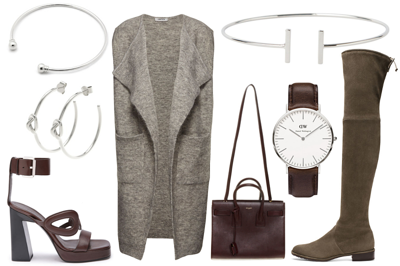 Sunday's Cravings: Brown and Silver- Knitted vest, Saint Laurent Sac Du Jour, Daniel Wellington Watch, Brown High Heels and silver jewelry