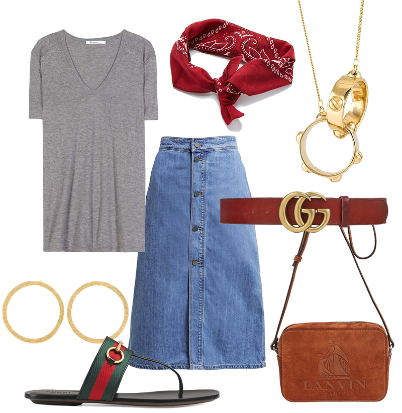 Classic T-Shirt, Red Bandana, Necklace, Denim Skirt, Gucci Leather Belt, Earrings, Gucci Sandals with Horsebit Detail, Lanvin Suede Bag